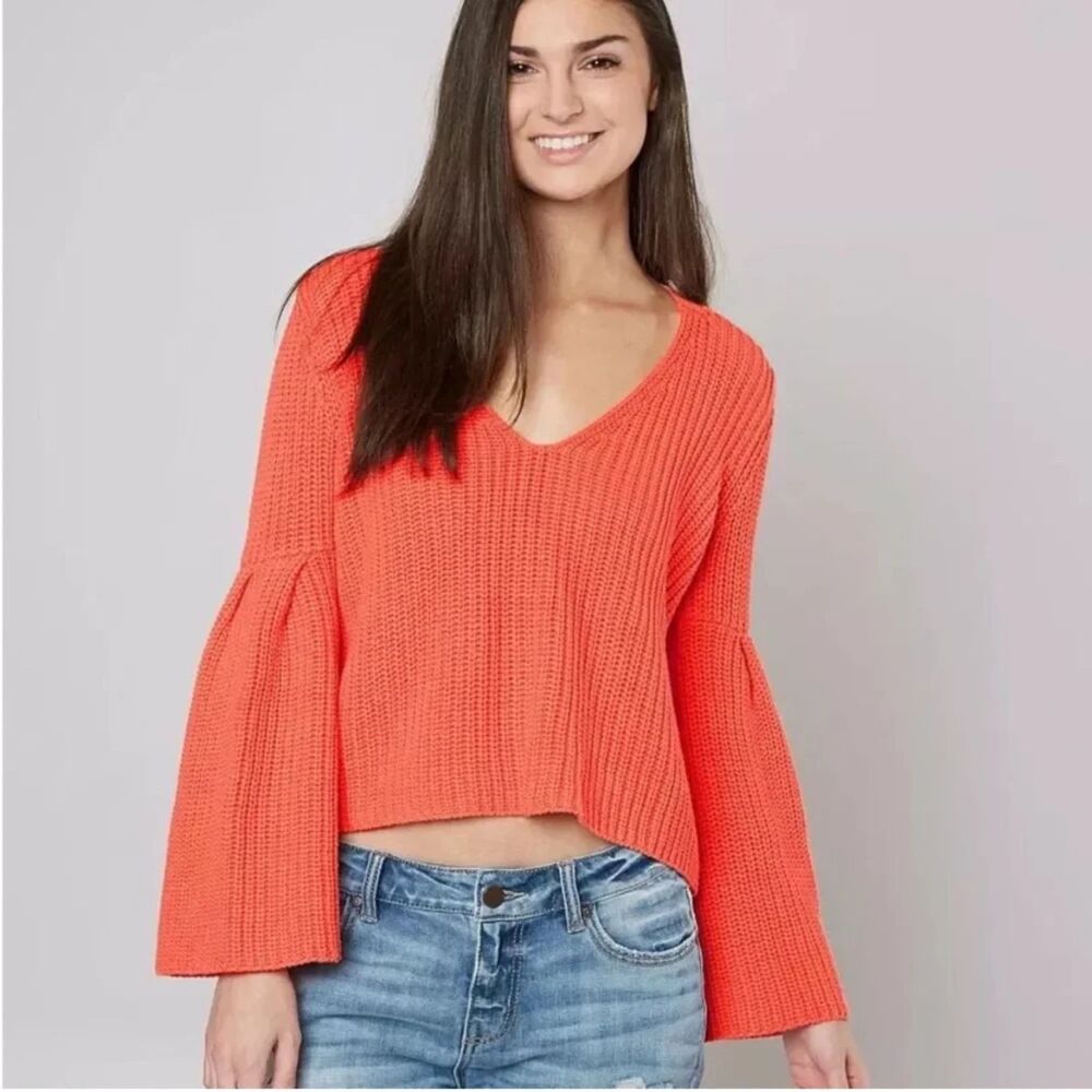 Free People Damsel Bell Sleeve Chunky Knit Sweater Coral Orange Medium M